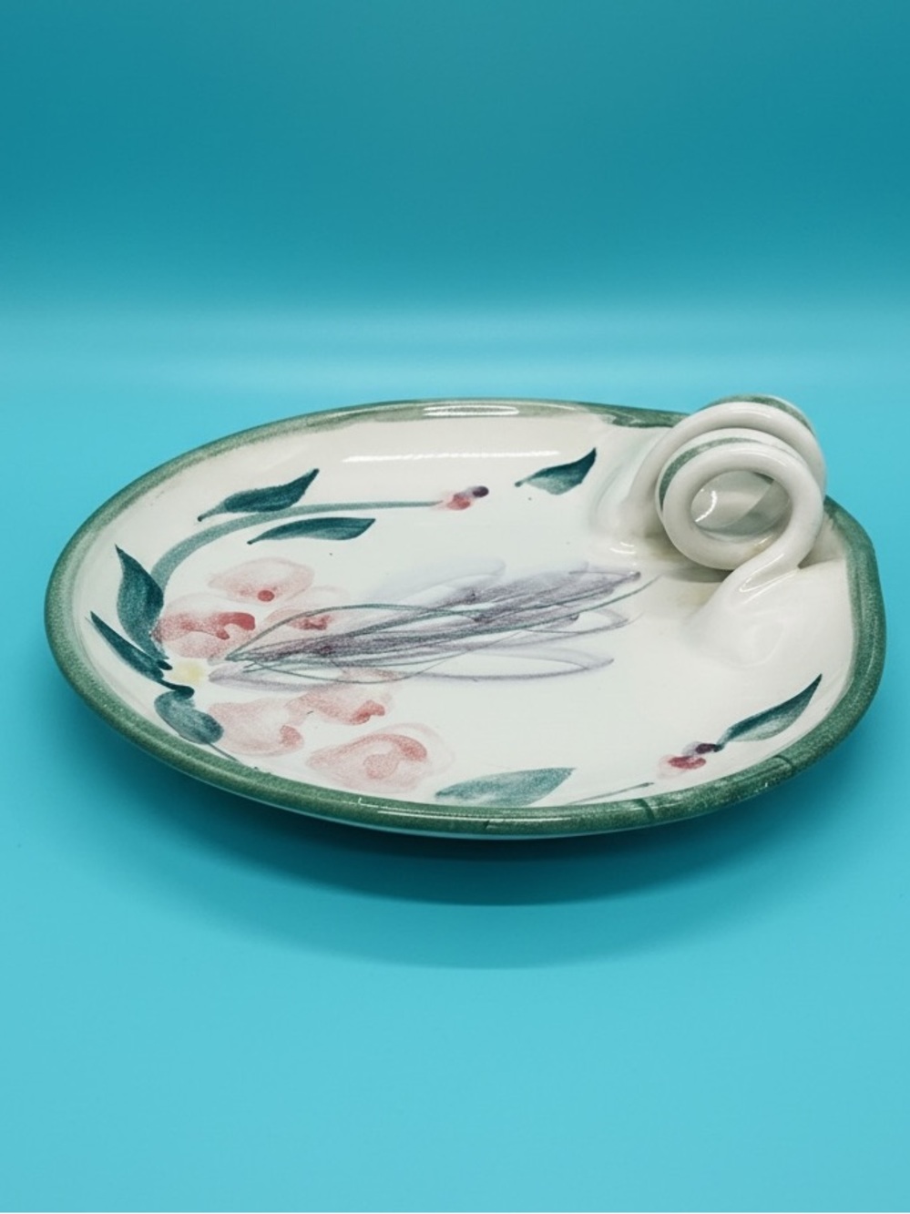 Vintage Hand Painted Ceramic Dish with Finger Loop Handle -  Studio Pottery